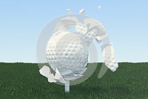 3D illustration Golf ball Scatters to pieces after a strong blow and ball in grass, close up view on tee ready to be