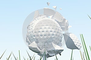 3D illustration Golf ball Scatters to pieces after a strong blow and ball in grass, close up view on tee ready to be