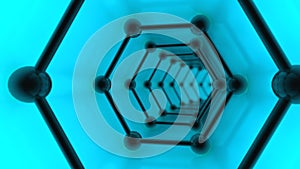 3D illustration of graphene meshes, tunnel of molecules on graphene, the image of a superconductor on a blue background. The idea