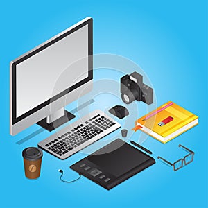 3D illustration of graphic designer tools like as computer with graphic tablet, book, camera, coffee cup and eye glasses on blue