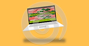 3D illustration graphic of a laptop with an evening view of the village with the red sky, bright sun, flying birds.