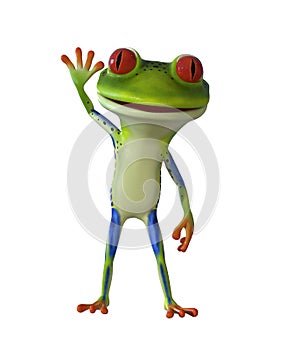 3d illustration of a green cartoon frog waving with one hand.