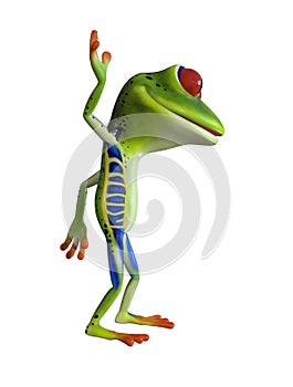 3d illustration of a green cartoon frog waving with one hand.