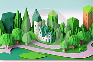 3d illustration of green city with trees and road in the middle. Paper origami landscape.