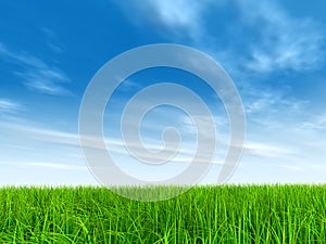 3D illustration of a green, fresh and natural grass field or lawn, blue sky background