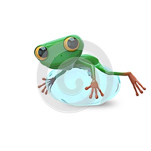 3D Illustration of a Green Frog on a Big Drop of Water