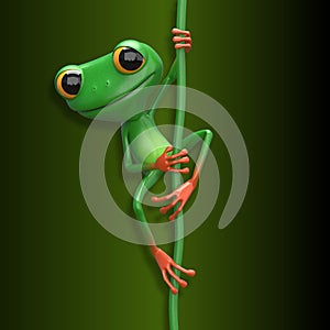 3D Illustration of a Green Frog on a Liana on a Green Background