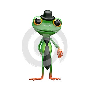 3D Illustration of a Green Frog in a Tie and Bowler Hat