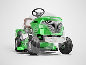 3d illustration of green garden mini tractor lawnmower with grass container on gray background with shadow