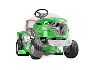 3d illustration of green garden mini tractor lawnmower with grass container on white background no shadow
