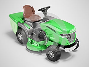 3d illustration of green garden tractor lawnmower with container for grass on gray background with shadow