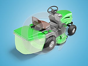 3d illustration of green tractor for mowing the lawn with container for grass on blue background with shadow