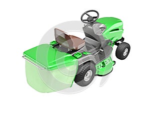 3d illustration of green tractor for mowing the lawn with container for grass on white background no shadow