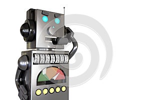 3d illustration: grey metal robot in headphones with headset calls customers with annoying ads, dials the phone number randomly, s