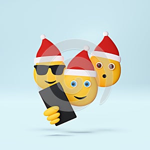 3D illustration group of Christmas emojis taking selfie, holidays festive fun. 3D Render