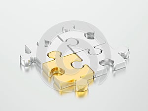 3D illustration group of gold and silver puzzles