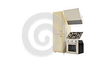 3d illustration of group of household appliances, refrigerator, gas stove, kitchen hood on white background no shadow