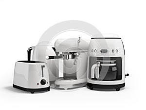 3D illustration of group of kitchen appliances for the kitchen on white background with shadow