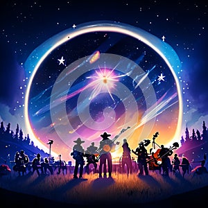 3d illustration of a group of people playing musical instruments on the background of the moon Generative AI