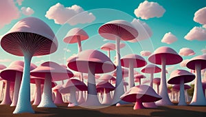 3d illustration of a group of pink mushrooms against a blue sky