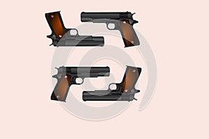 3d illustration of a group of pistols in different positions.