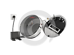 3d illustration of group of robot vacuum cleaners for dry and wet cleaning with charger on white background no shadow