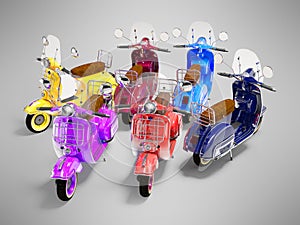 3D illustration of group of scooters in parking lot on gray background with shadow