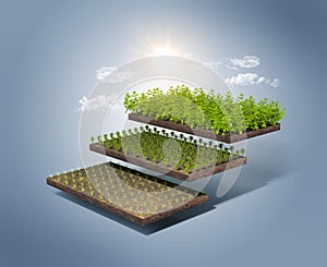 3d illustration of growth farming concept. Farming concept with steps of growth isolated.