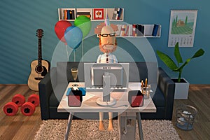 3d illustration. The guy works remotely at home. Celebrates his birthday with colleagues through a computer