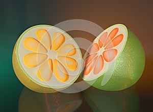 3d illustration of half cut orange lemon on blue background
