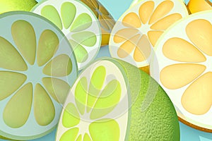 3d illustration of half cut orange lemon lime on blue background