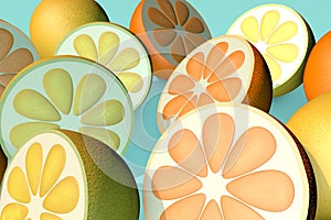 3d illustration of half cut orange lemon lime on blue background