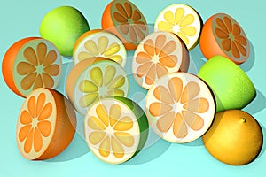 3d illustration of half cut orange lemon lime on blue background