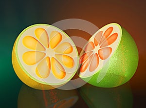 3d illustration of half cut orange lime on blue background