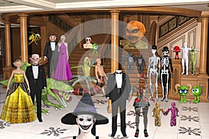 3D Illustration of Halloween Creatures at Halloween party