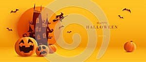 3D illustration of Halloween theme banner with group of Jack O Lantern pumpkin and paper graphic style of castle on background