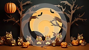 3D illustration of Halloween theme banner with group of Jack O Lantern pumpkin and paper graphic style of spooky tree and owl on