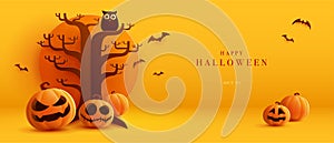 3D illustration of Halloween theme banner with group of Jack O Lantern pumpkin and paper graphic style of spooky tree and owl on b