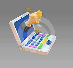 3d illustration.,hand of businessman holding coin sticking out the laptop screen.,Gold coins fall dropping on hand and computer