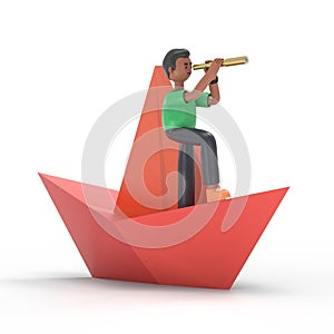 3D illustration of handsome afro man David.Direction of business and management. Paper boat, Ship on water,
