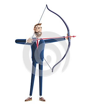 3d illustration. Handsome beard businessman Billy aiming with bow and arrow