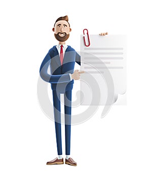 3d illustration. Handsome businessman Billy holds a completed document.