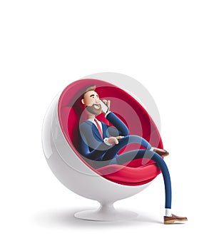 3d illustration. Handsome businessman Billy sitting in an egg chair and talking on the phone.