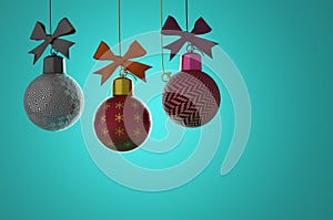 3d illustration. Hanging christmas balls isolated on a green background . Copy space for logo and text
