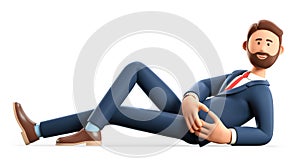 3D illustration of happy bearded man lying on the floor. Cute cartoon businessman in full length smiling for the camera