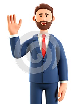 3D illustration of happy greeting gesture man waving hand. Cute cartoon smiling businessman saying hello, isolated on white