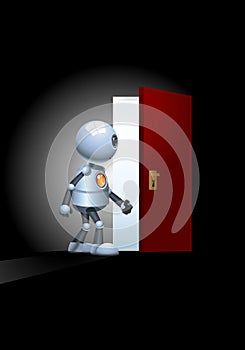 3d illustration of a happy  little robot entering door of light