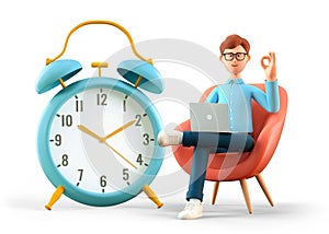 3D illustration of happy man with laptop showing ok gesture and sitting in armchair nearby a huge vintage alarm clock.