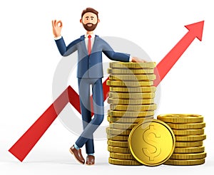 3D illustration of happy man leaning on a stack of gold coins and showing ok gesture. Cartoon standing businessman with okay sign