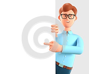 3D illustration of happy man pointing finger at blank presentation board. Cute cartoon businessman with advertising placard